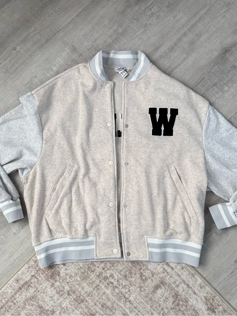 Refuge Athletics Cotton Oatmeal Varsity Bomber Jacket, women’s Medium